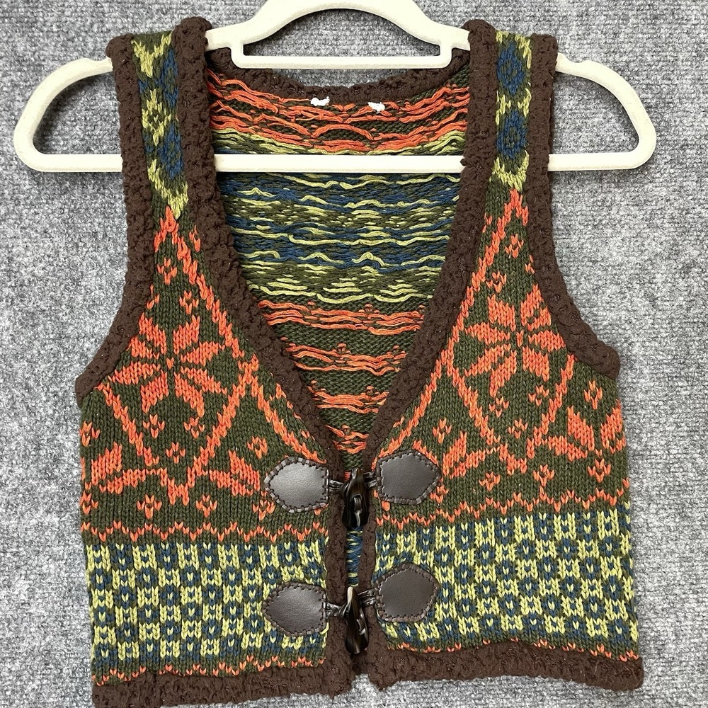 Miss Me Sweater Vest Hippie Boho 70s Western Toggles Orange Green Wool Womens M